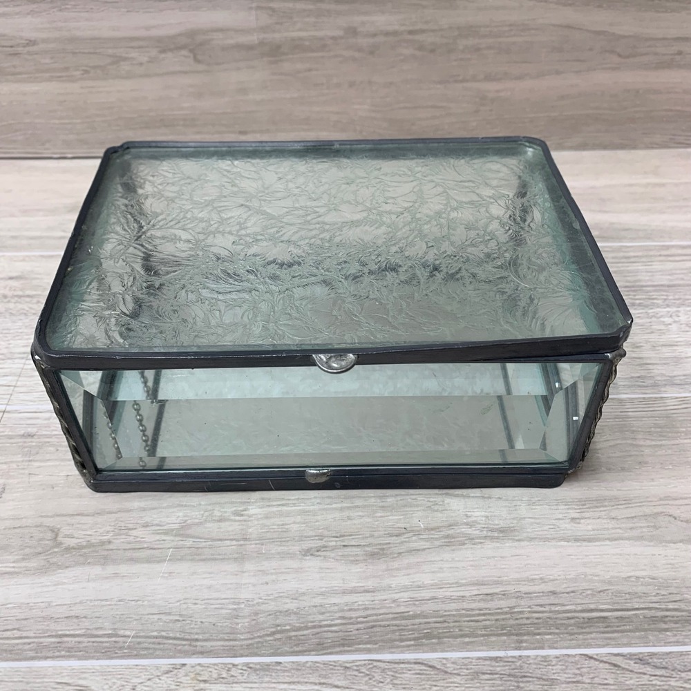 Vintage‎ Frosted Ice Glass Jewelry Box Beveled Sides Mirrored Bottom 6x4x2.5